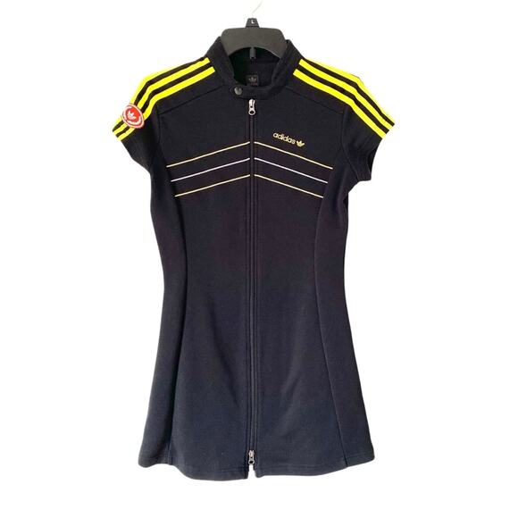 Vintage 90s RARE Adidas Black Zipper Mini Dress Yellow stripe size small - Picture 1 of 7